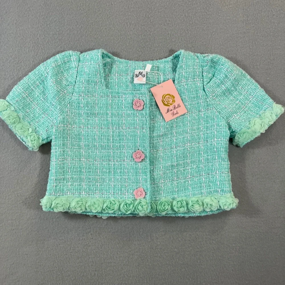 Mia Belle Girls Mint Green Tweed 2 Piece Set Rosette Trim Shorts Jacket Size 7/8